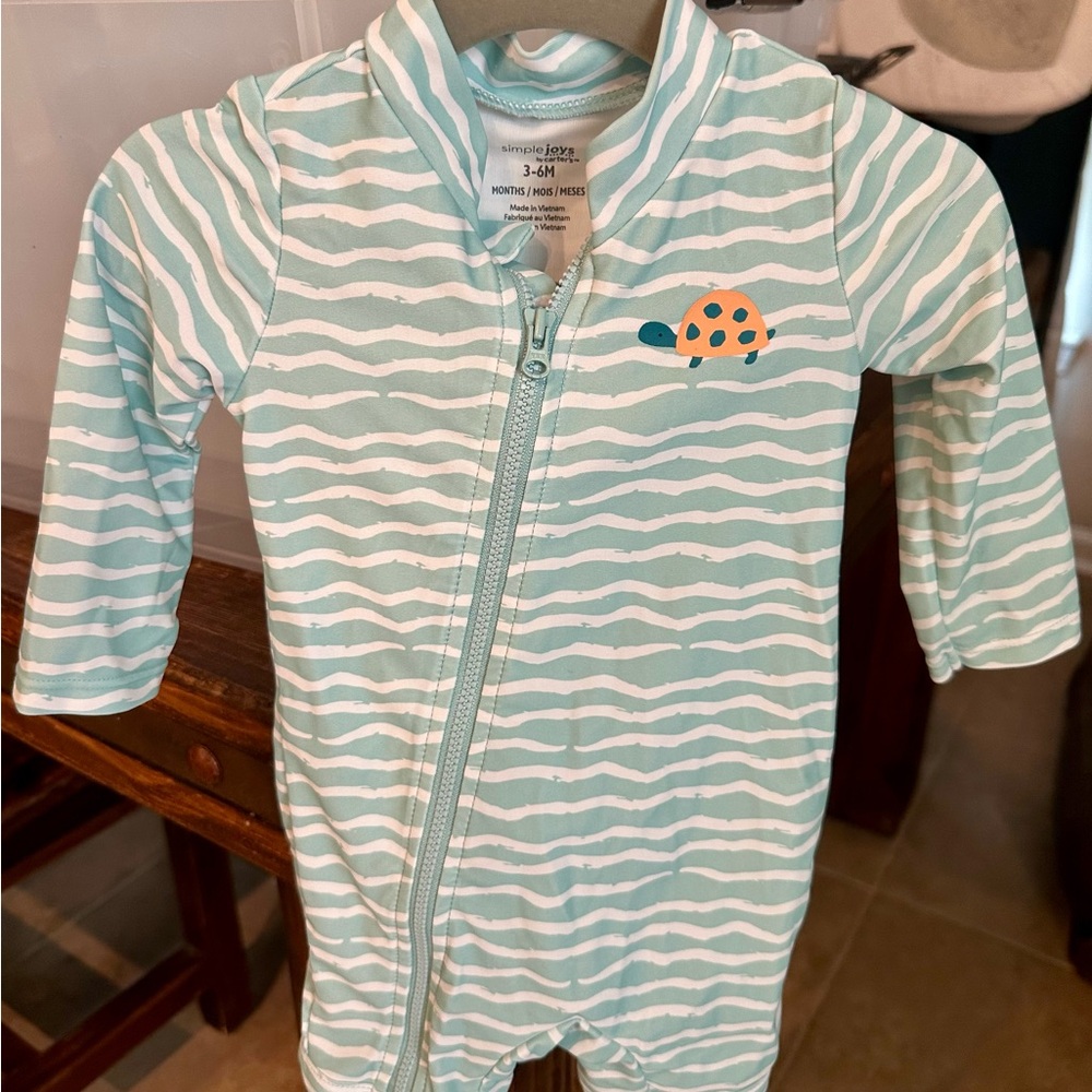 Aqua Striped Baby Swim Suit with Turtle Design